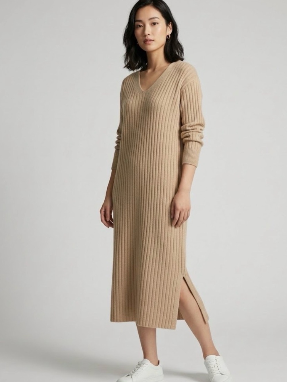 NWT Uniqlo Wide Ribbed V-Neck Knit Long Dress – Size L